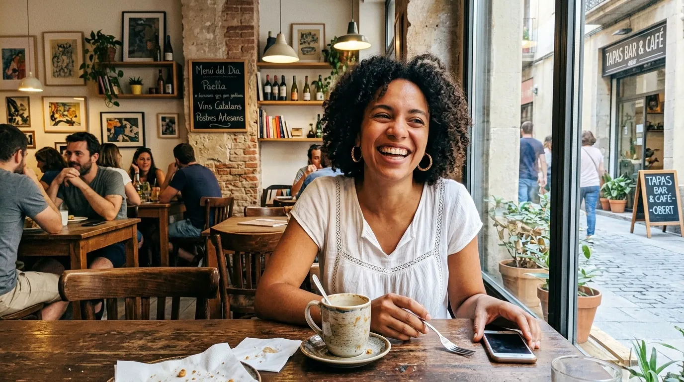 Femme souriante dans un café espagnol avec clients en arrière-plan
