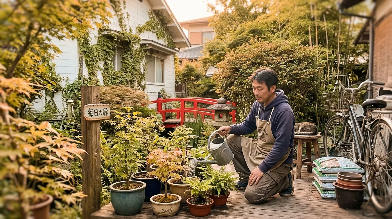Homme arrosant des plantes en pot dans un jardin automnal