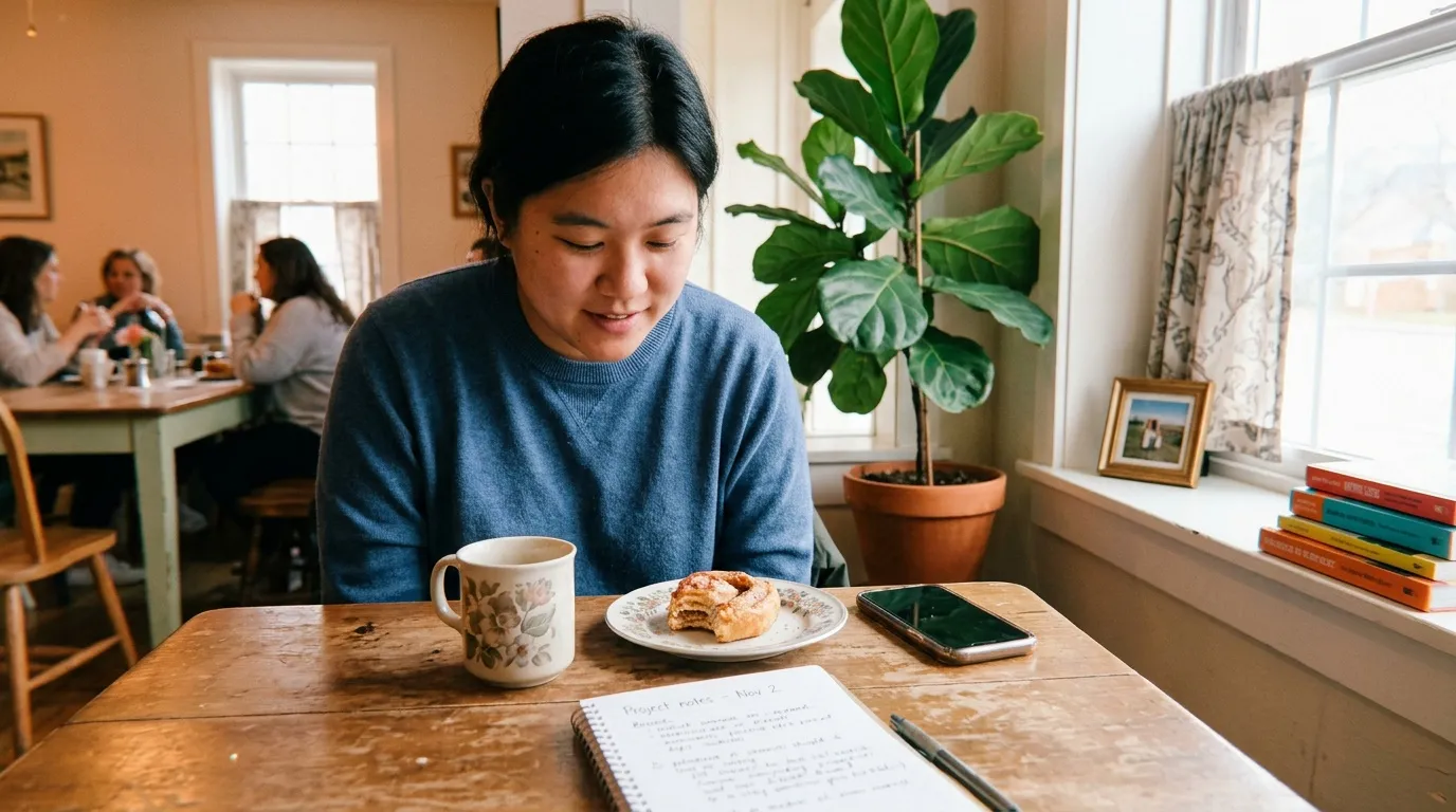 Femme écrivant à une table avec café et pâtisserie
