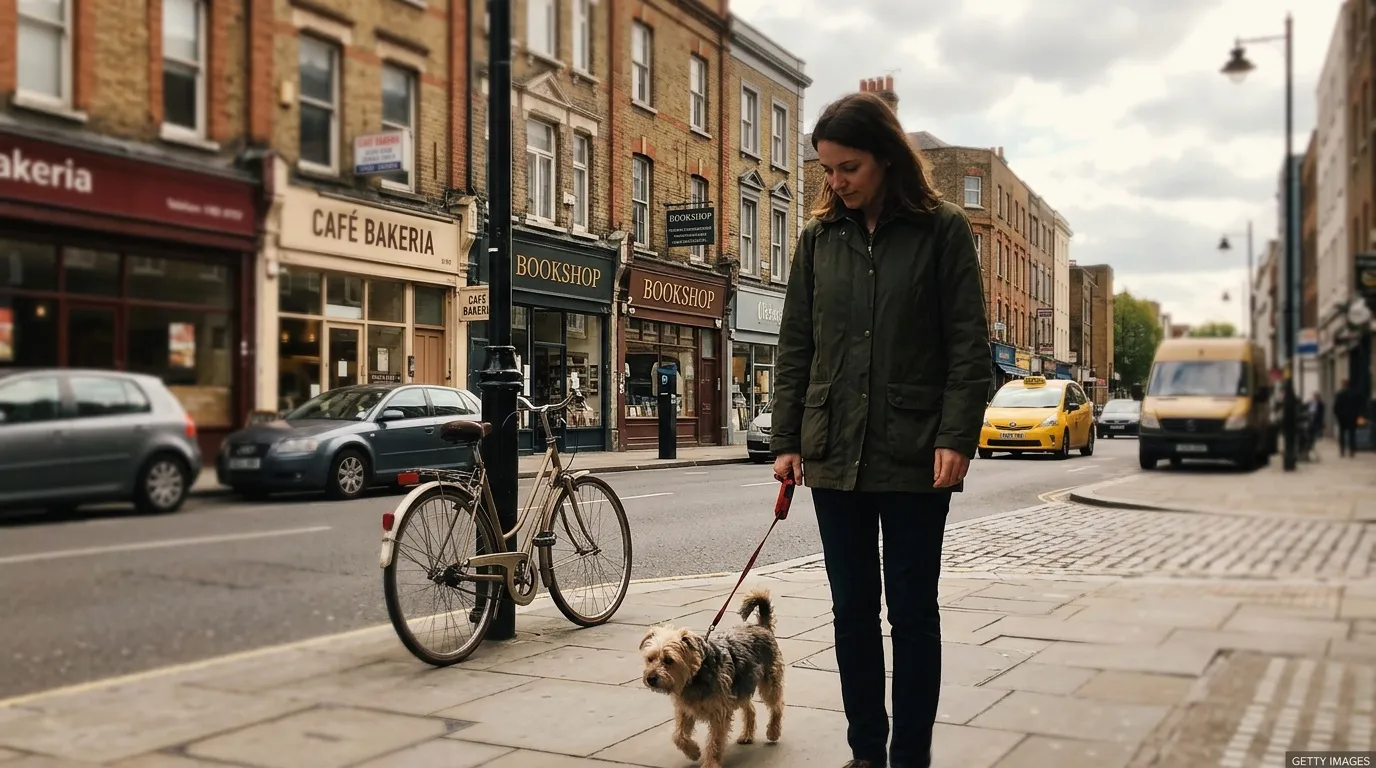 Femme promenant un petit chien dans une rue commerçante londonienne