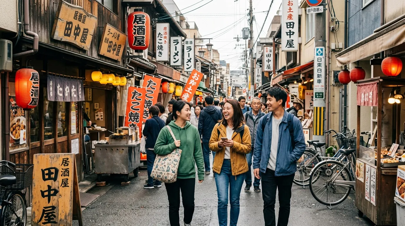 Promeneurs dans une ruelle traditionnelle japonaise avec commerces
