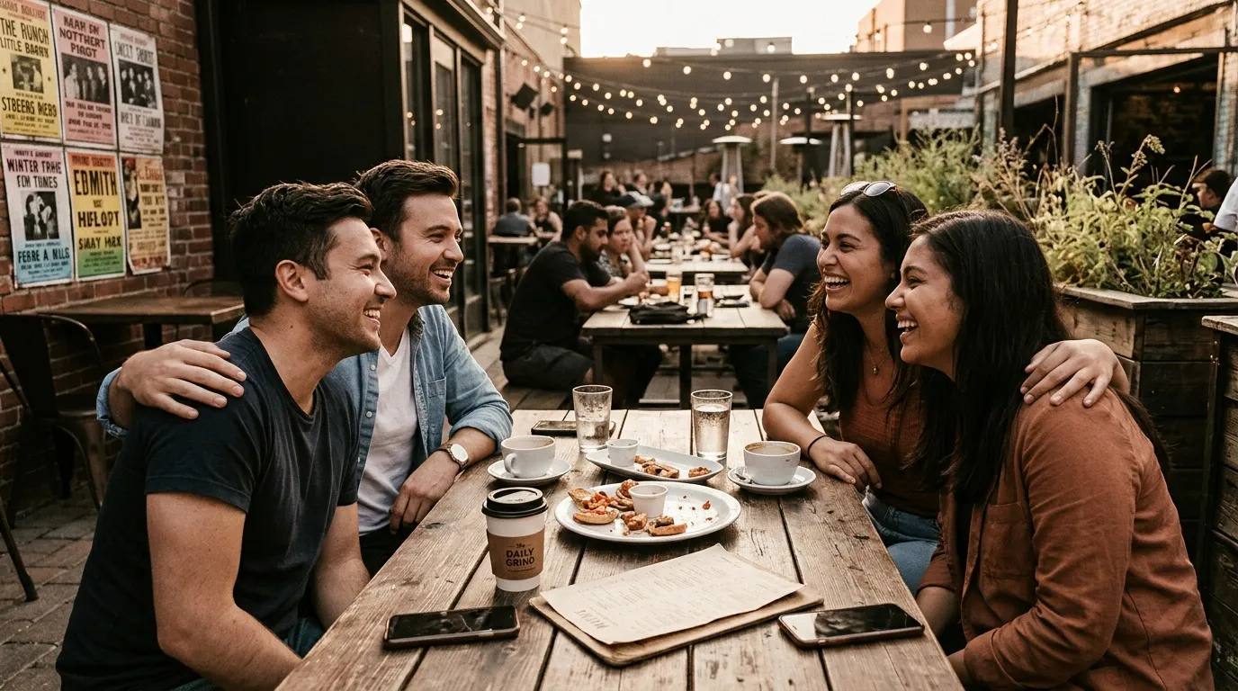 Quatre amis souriants dînent ensemble en terrasse le soir