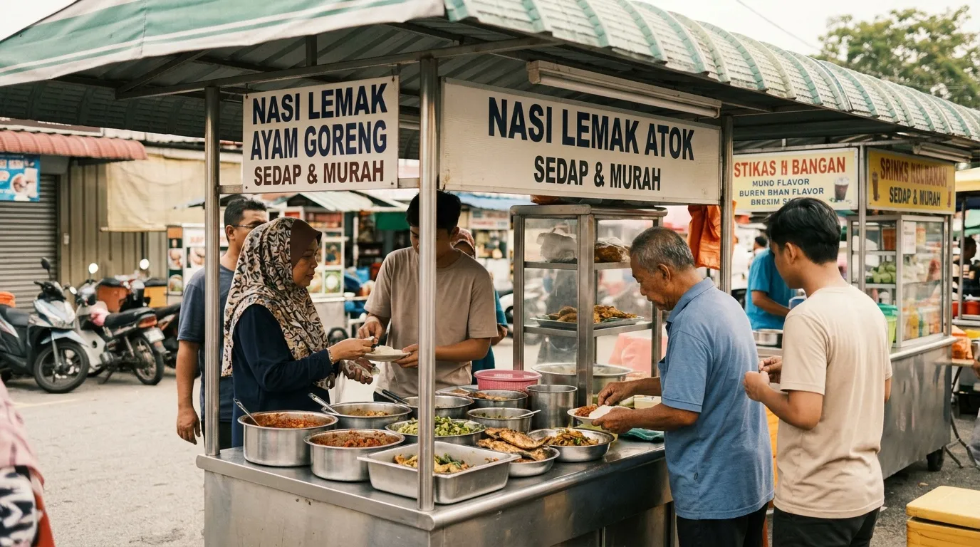 Vendeurs et clients à un stand de nasi lemak dans un marché malaisien.