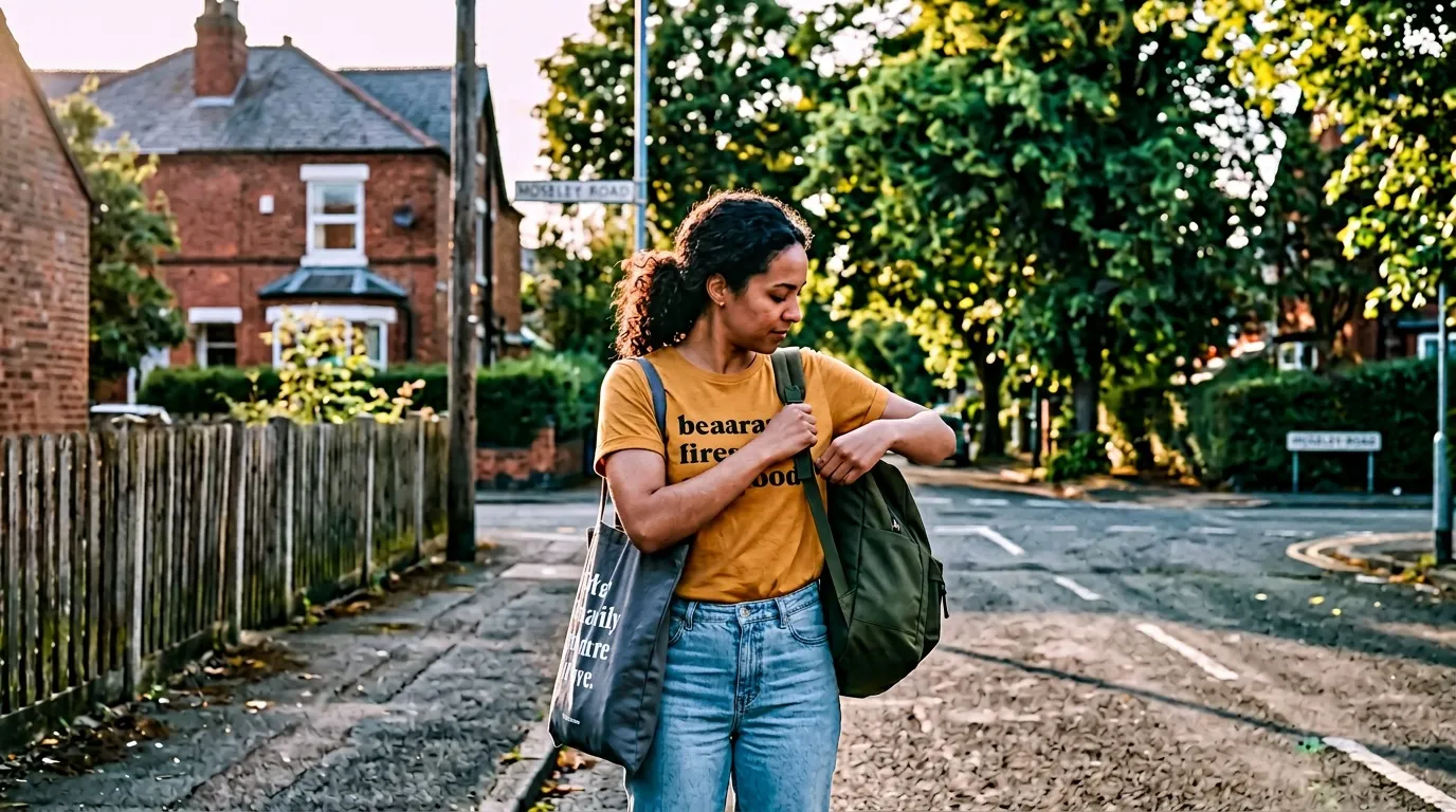 Femme avec sac à dos dans une rue calme de banlieue
