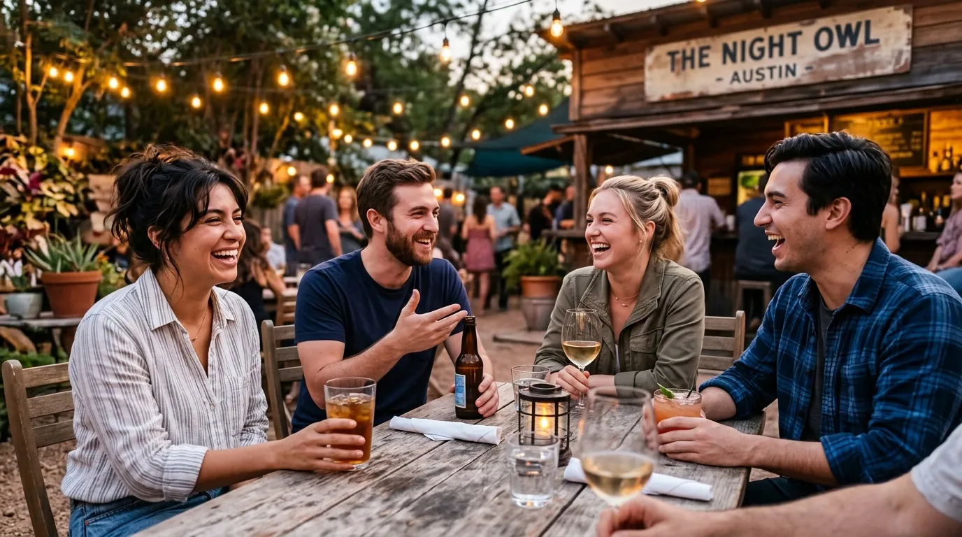 Quatre amis riant autour d'une table de bar en terrasse.