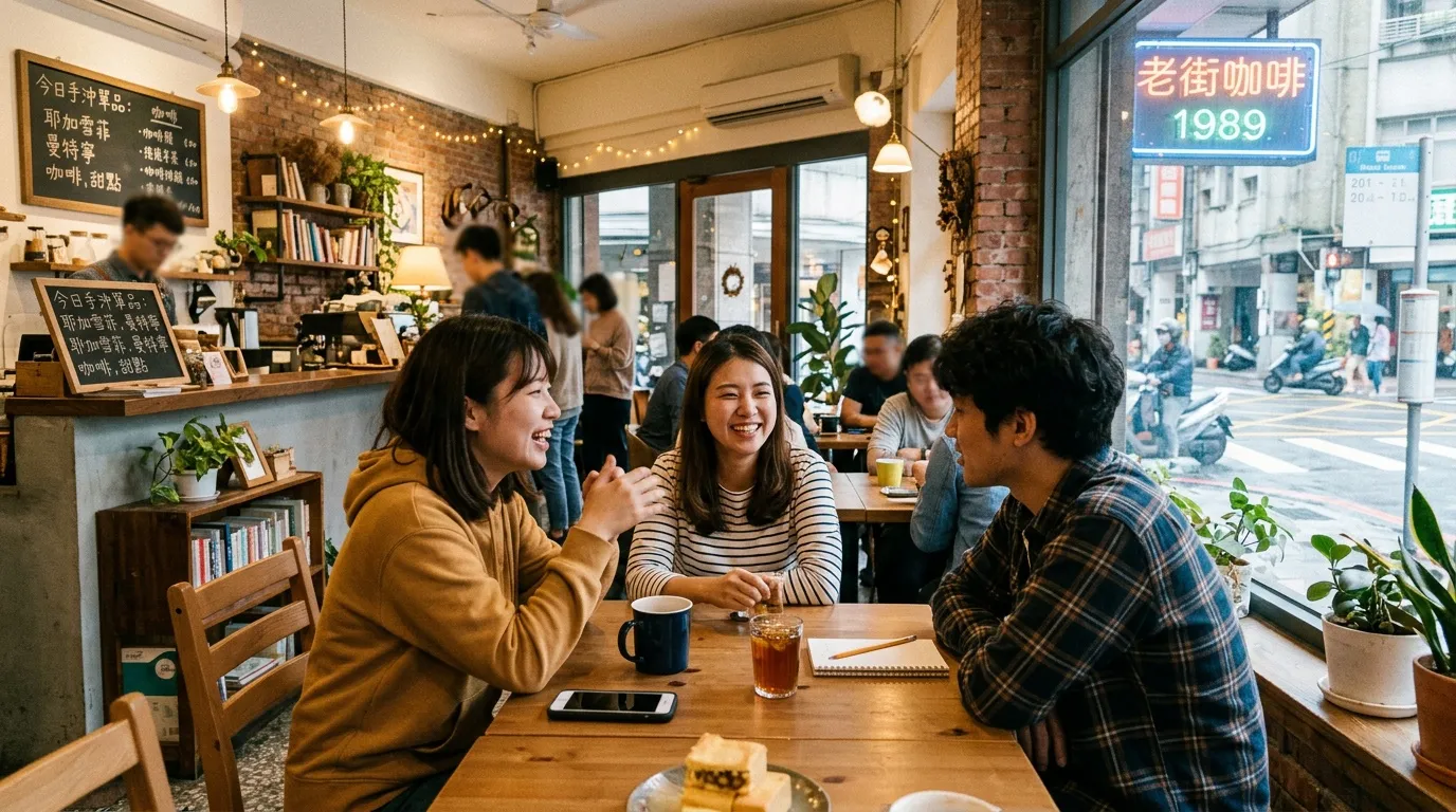 Trois amis rient ensemble à une table de café vintage.
