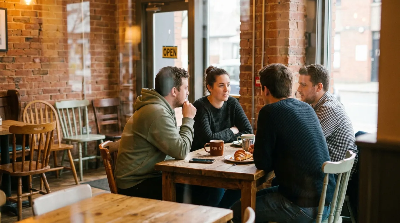 Quatre personnes discutent autour d'une table dans un café