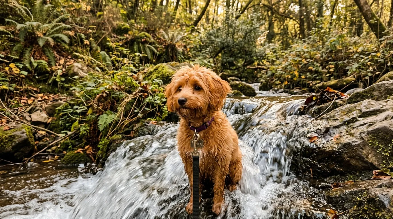 Chien roux attaché devant une cascade en forêt