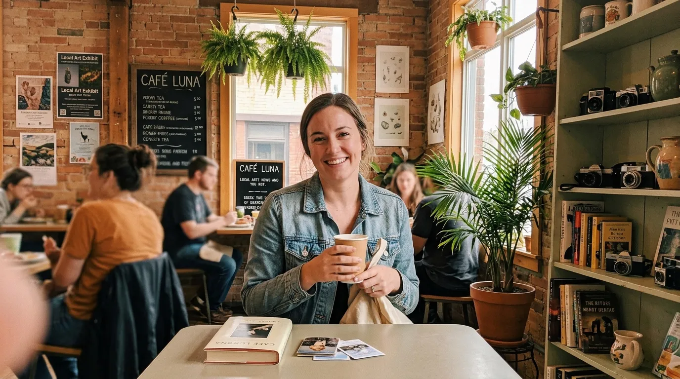 Femme souriante dans un café avec briques et plantes.
