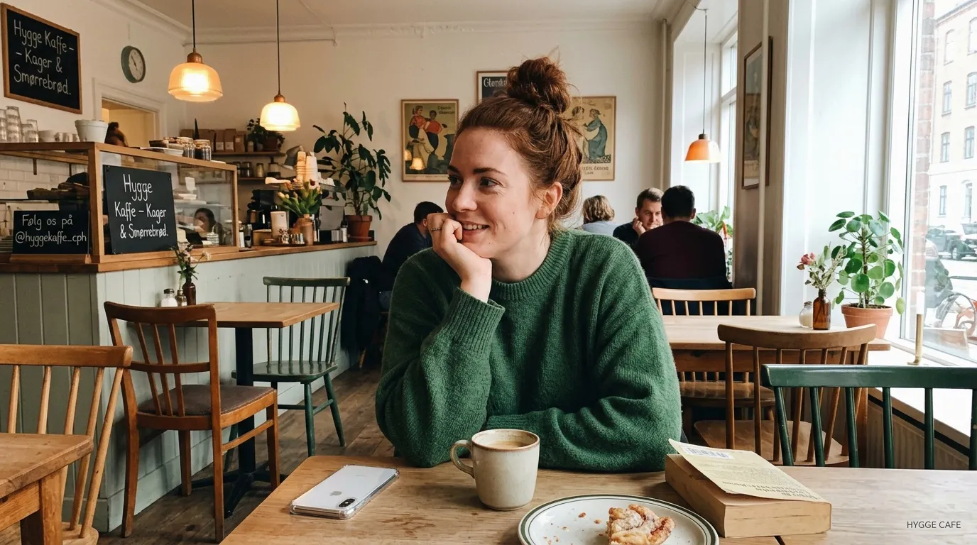 Jeune femme souriante dans un café cosy scandinave