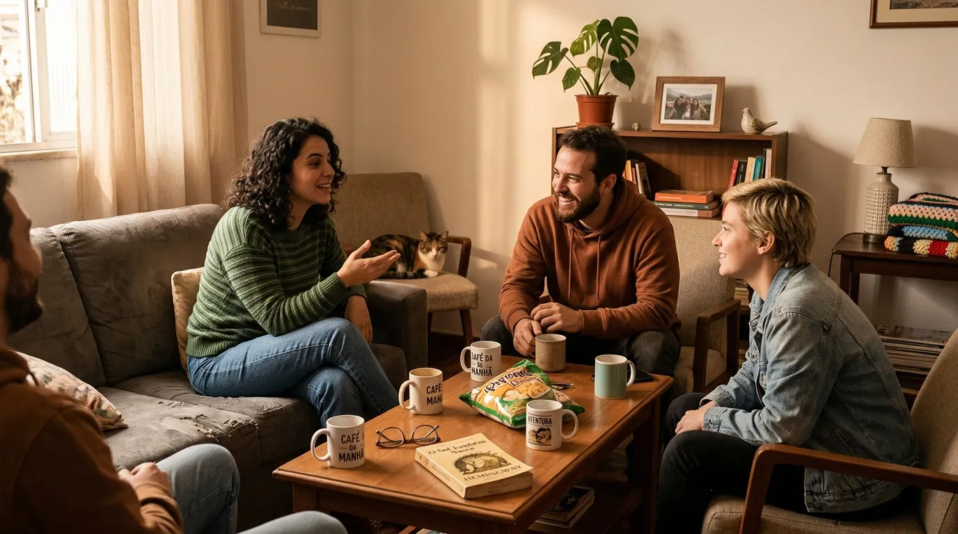 Quatre personnes discutent autour d'une table basse dans un salon cosy.