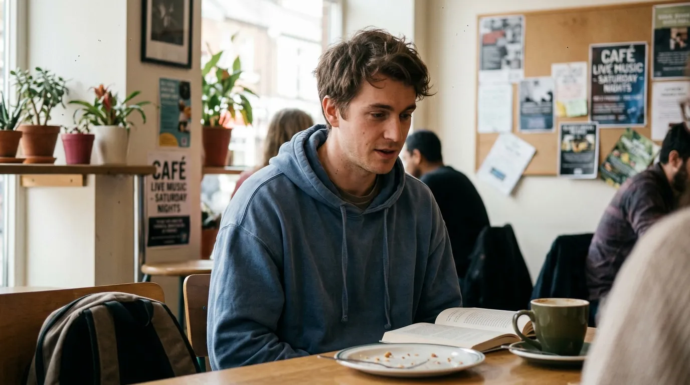 Jeune homme lisant dans un café avec d'autres clients.