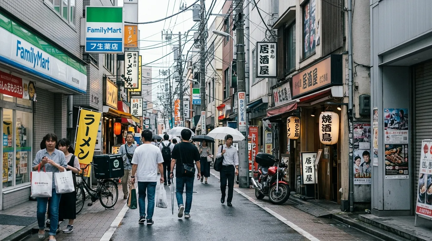 Rue piétonne japonaise avec commerces et passants sous la pluie
