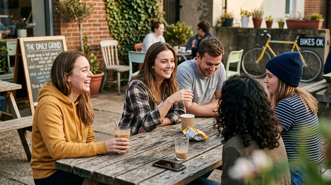 Groupe de jeunes gens souriants partageant un moment convivial en terrasse.