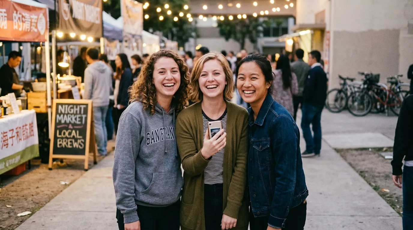 Trois jeunes femmes souriantes posent devant un marché nocturne animé.
