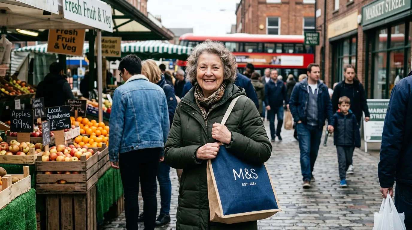 Femme souriante avec sac M&S au marché de rue