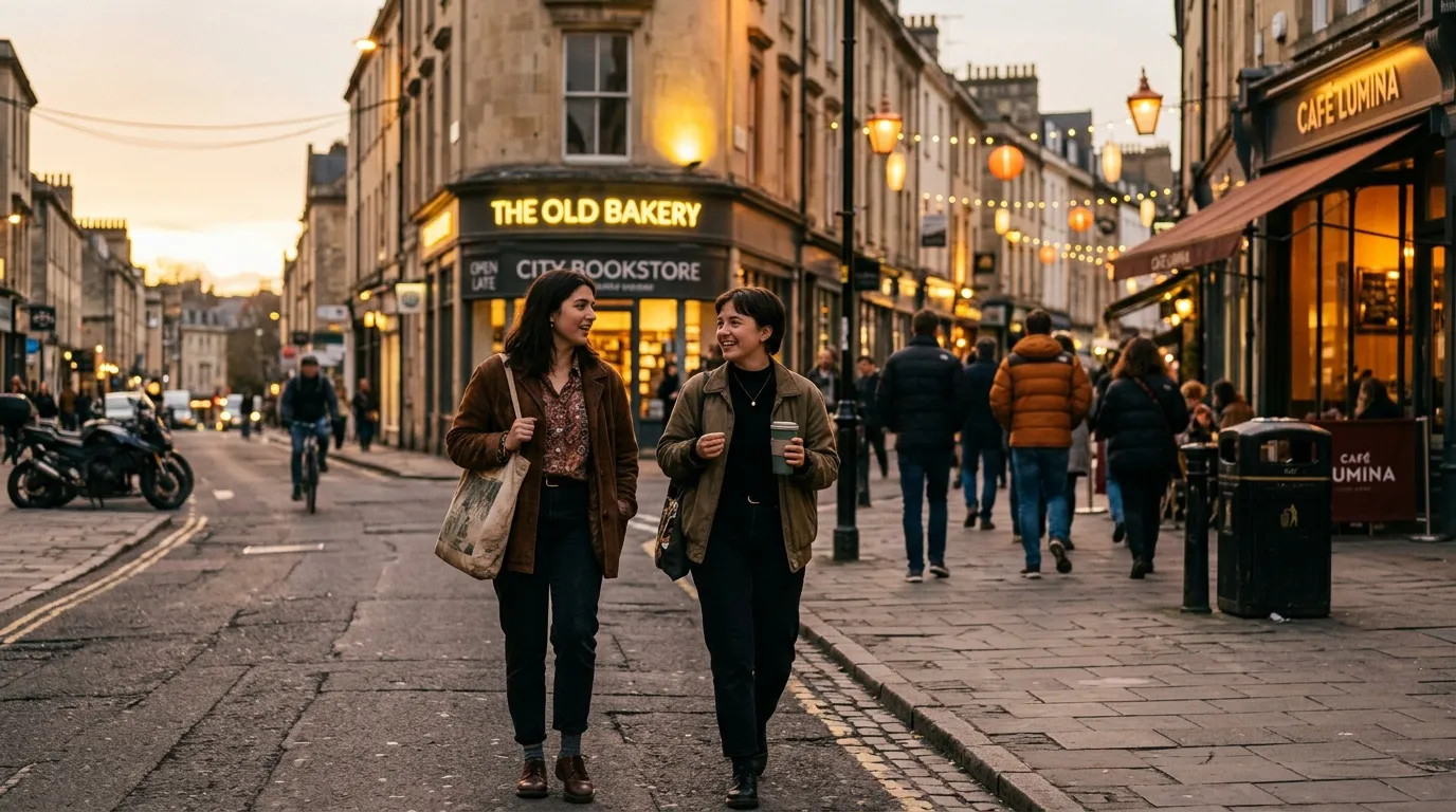 Deux femmes marchent ensemble dans une rue commerçante animée au crépuscule.