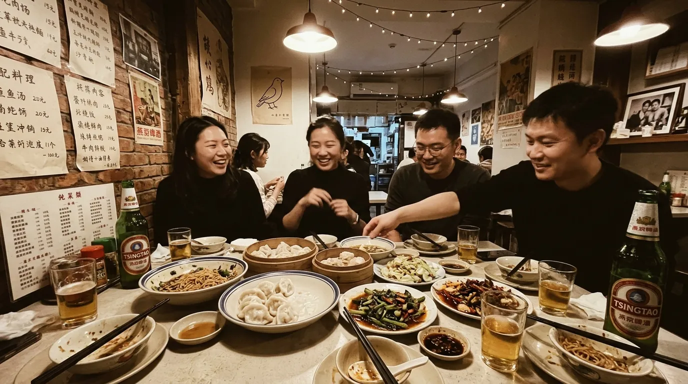 Groupe riant partageant plats chinois autour table