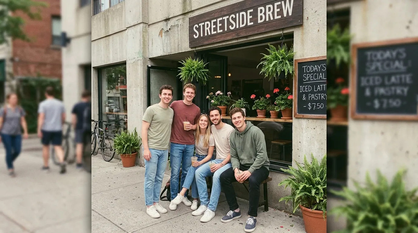 Cinq jeunes adultes souriants posent devant Streetside Brew café