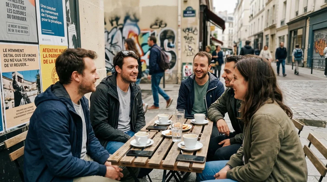 Cinq jeunes adultes rient autour d'une table en terrasse parisienne