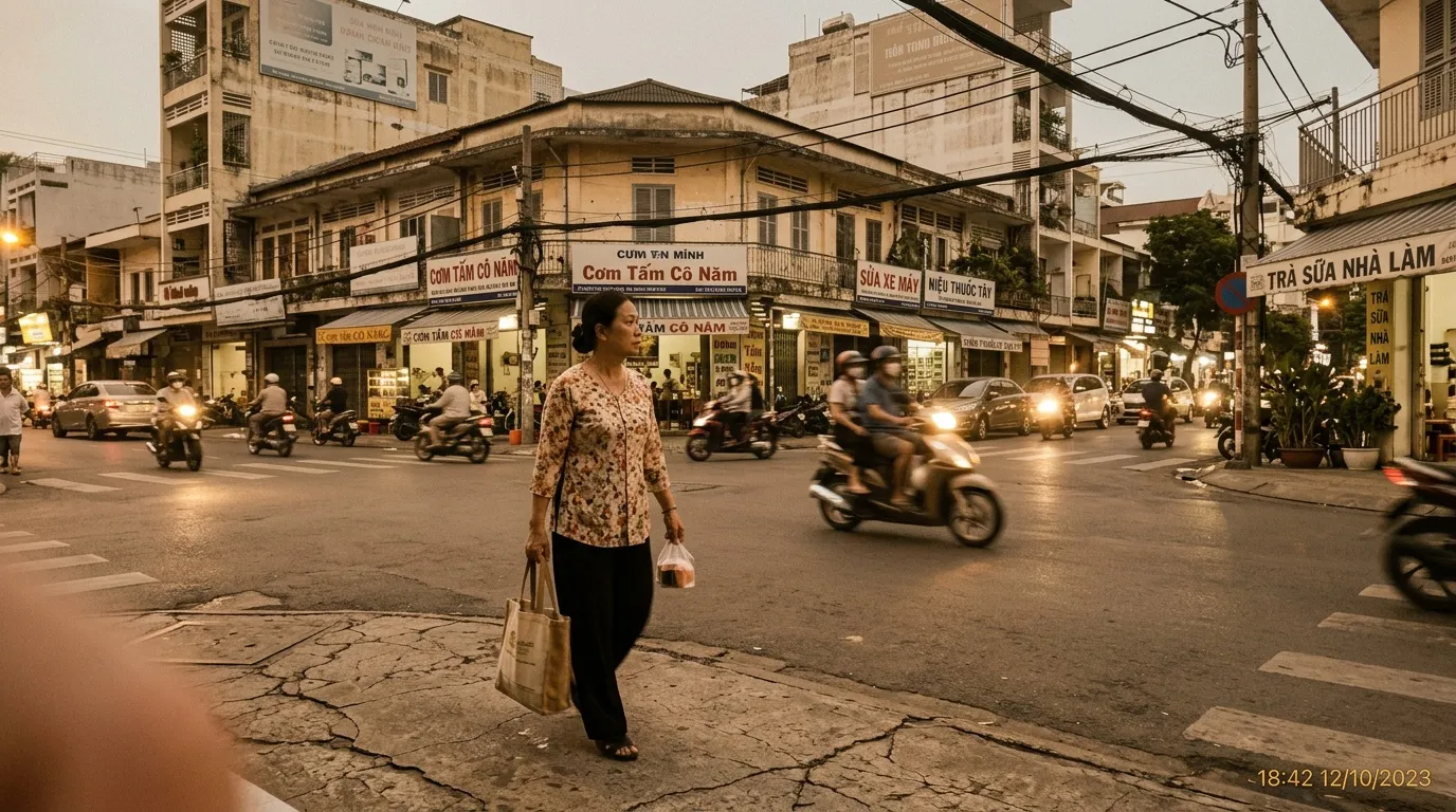 Femme traversant une rue animée d'Hanoï avec motos