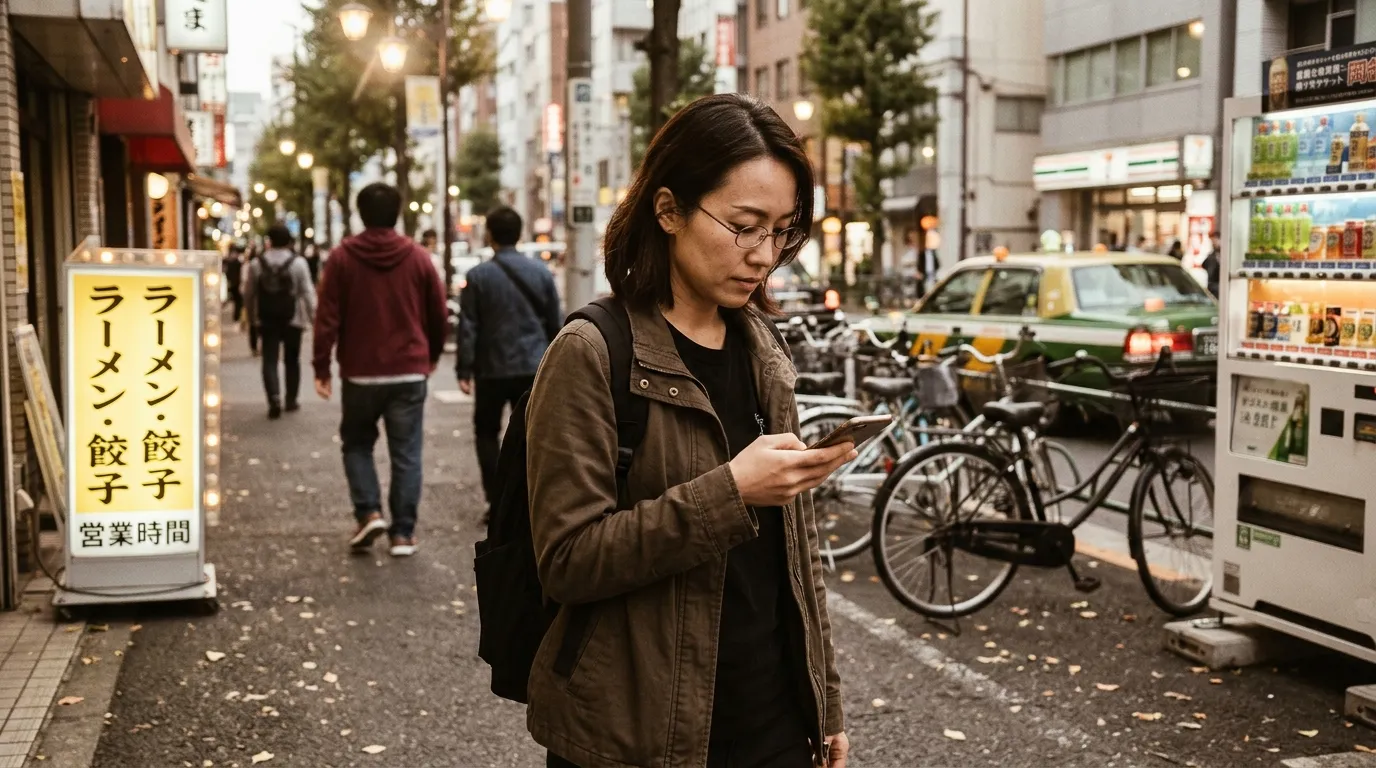 Femme avec téléphone dans rue urbaine japonaise animée