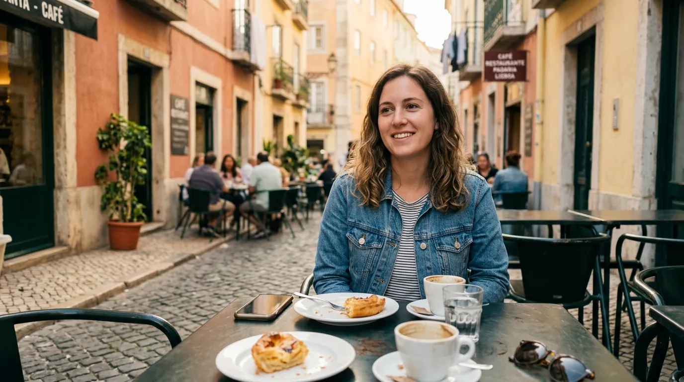 Femme souriante prenant un café en terrasse de rue pavée