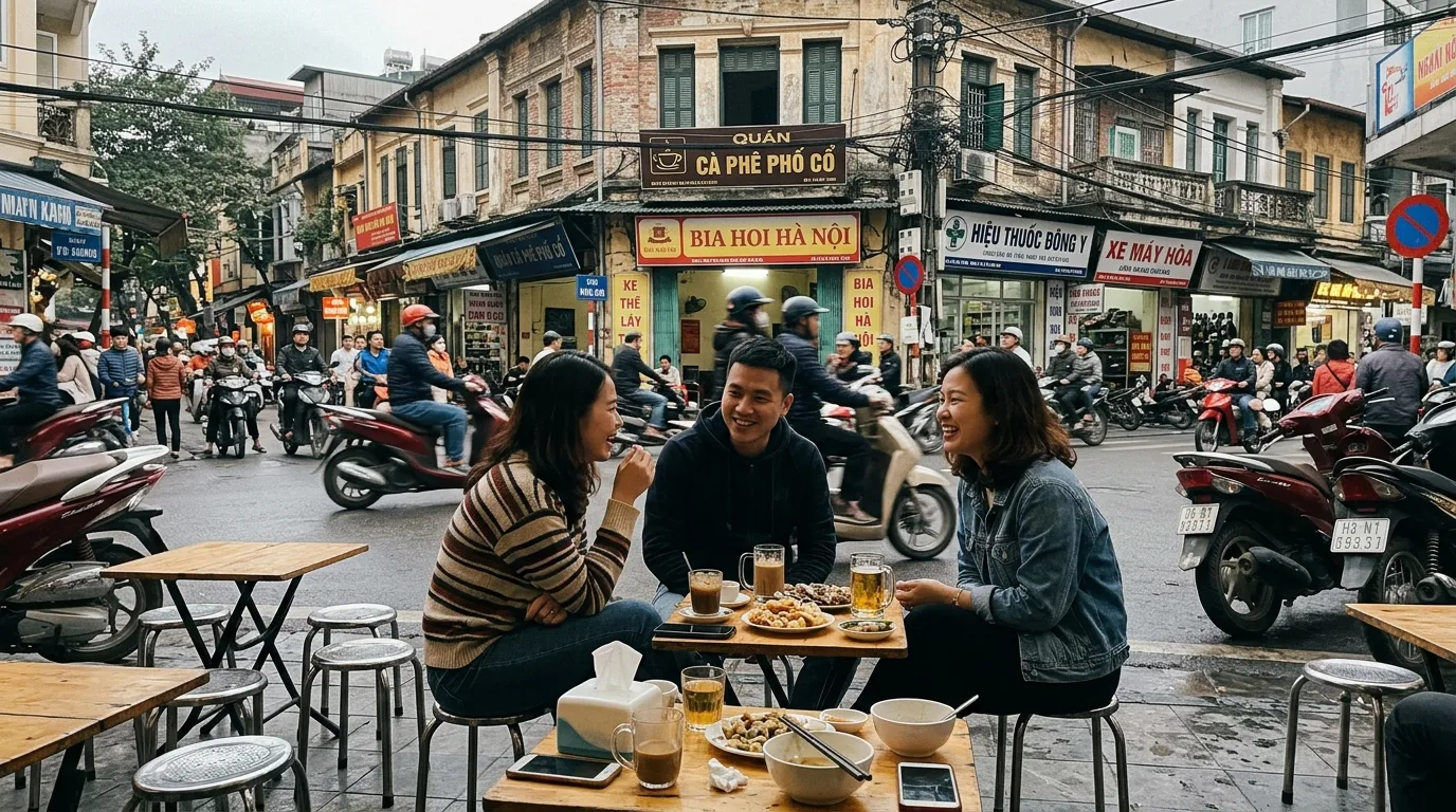 Trois amis dînent en terrasse dans une rue animée de Hanoï