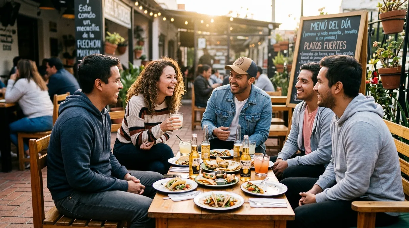 Groupe de six amis riant autour d'une table de restaurant en plein air.