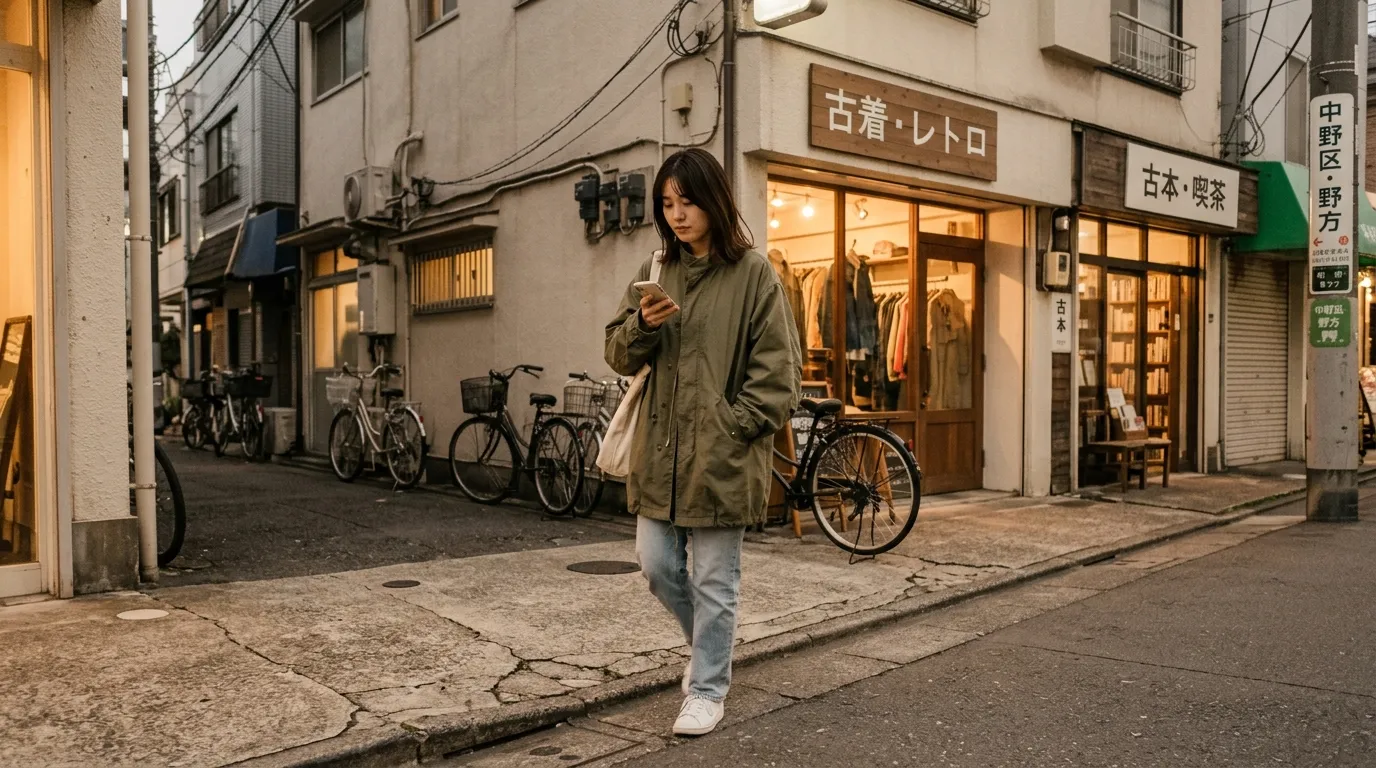 Femme marchant dans une petite rue japonaise avec vélos et boutiques