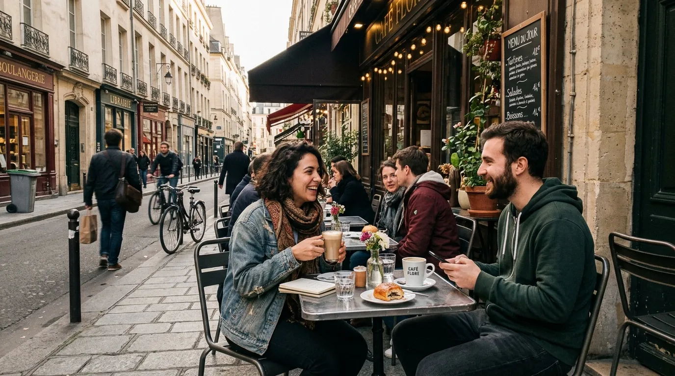 Couple prenant un café en terrasse parisienne animée