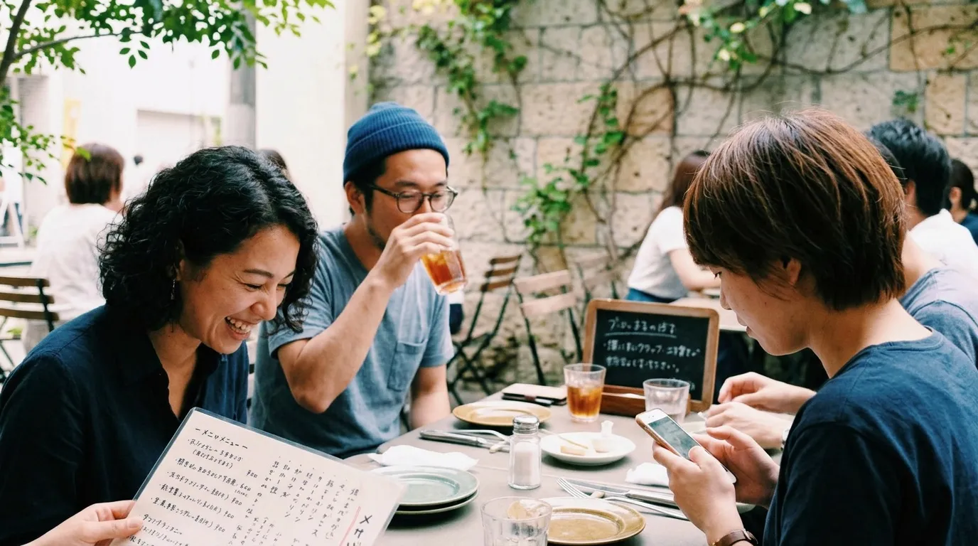 Groupe de personnes riant autour d'une table en terrasse