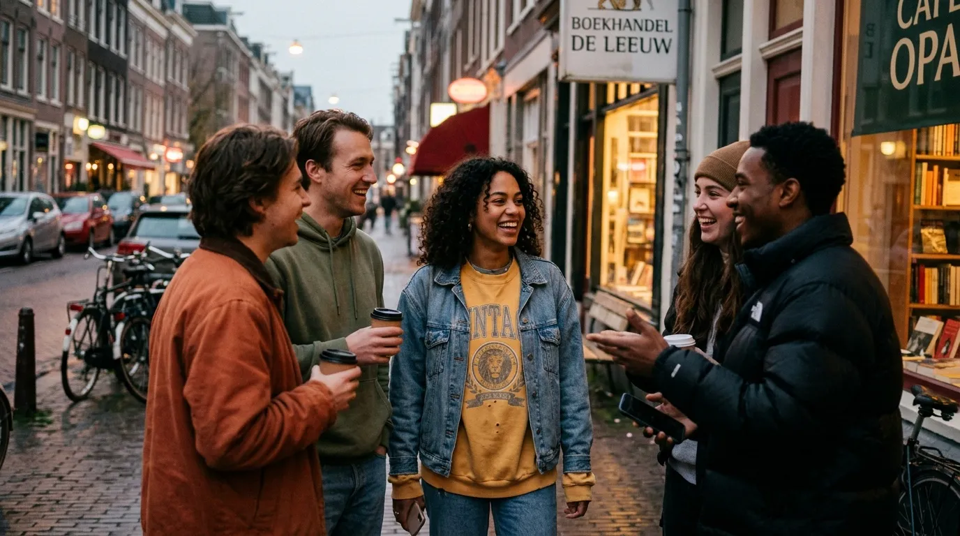 Groupe de cinq jeunes amis discutant joyeusement dans une rue pavée