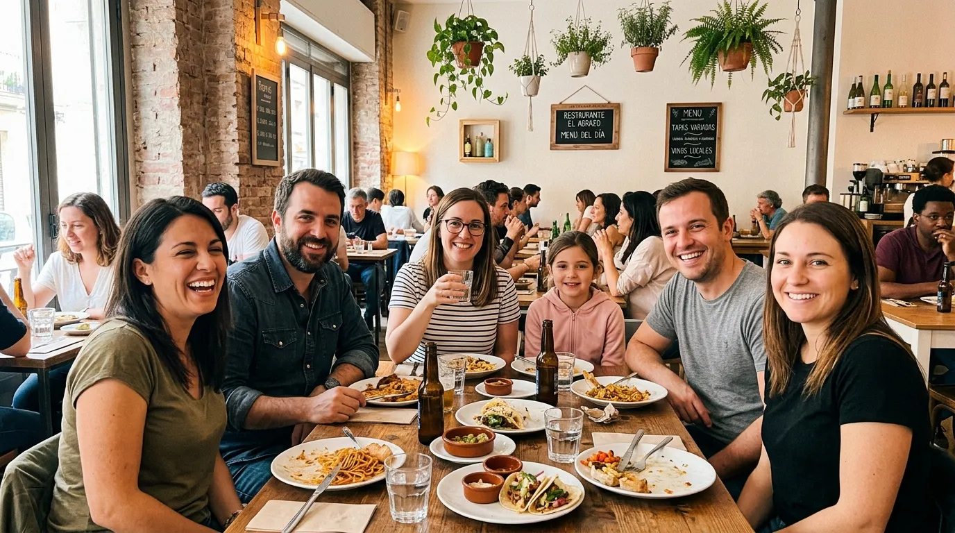 Groupe de personnes souriantes partageant un repas dans un restaurant