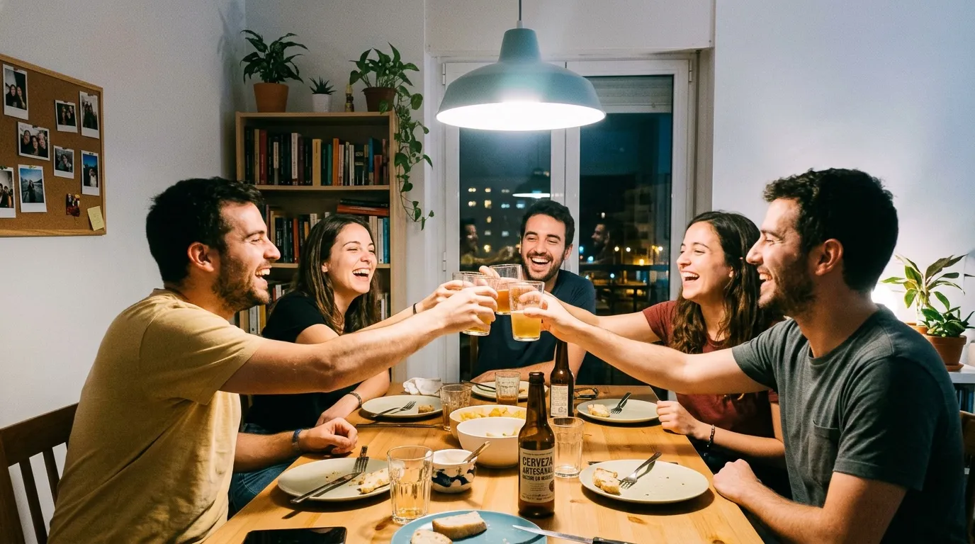 Groupe de six amis portant un toast avec des verres de bière