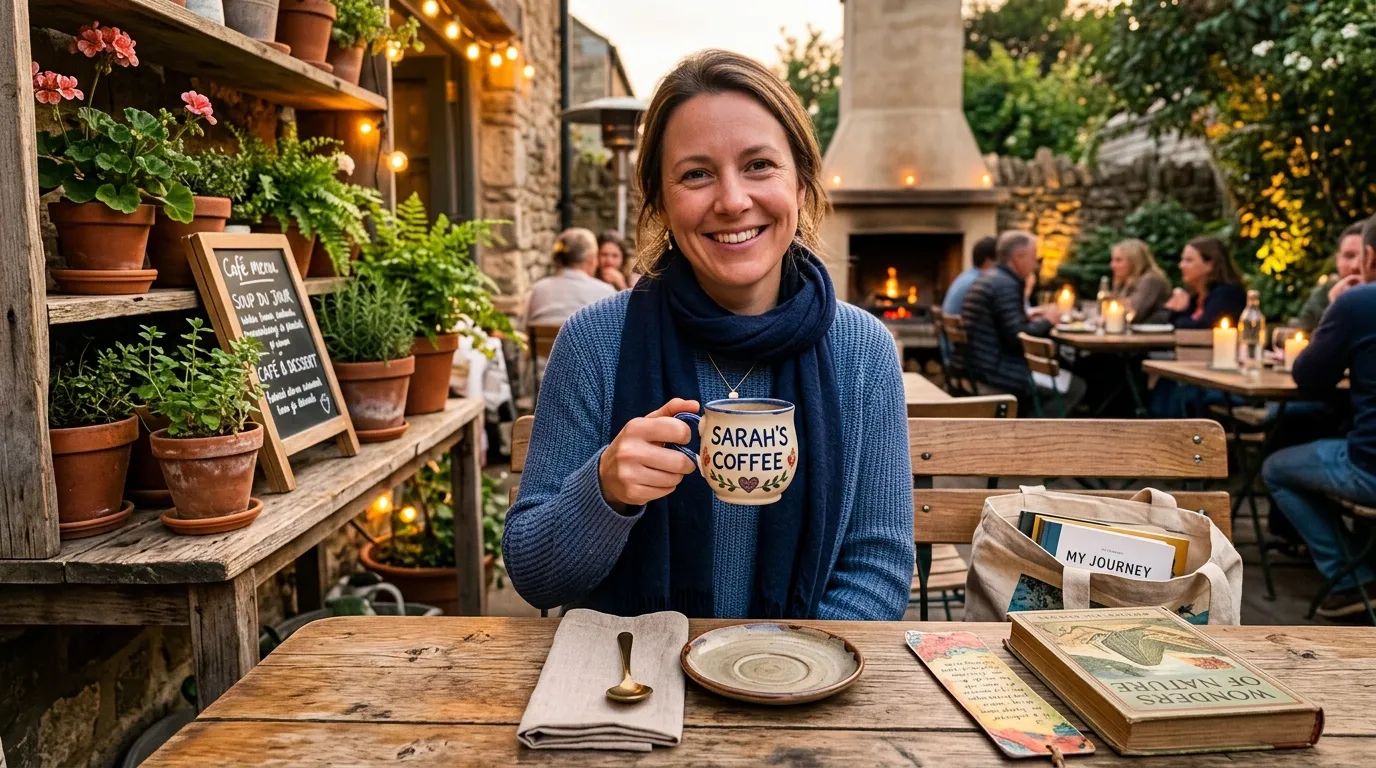 Femme souriante tenant une tasse de café personnalisée en terrasse