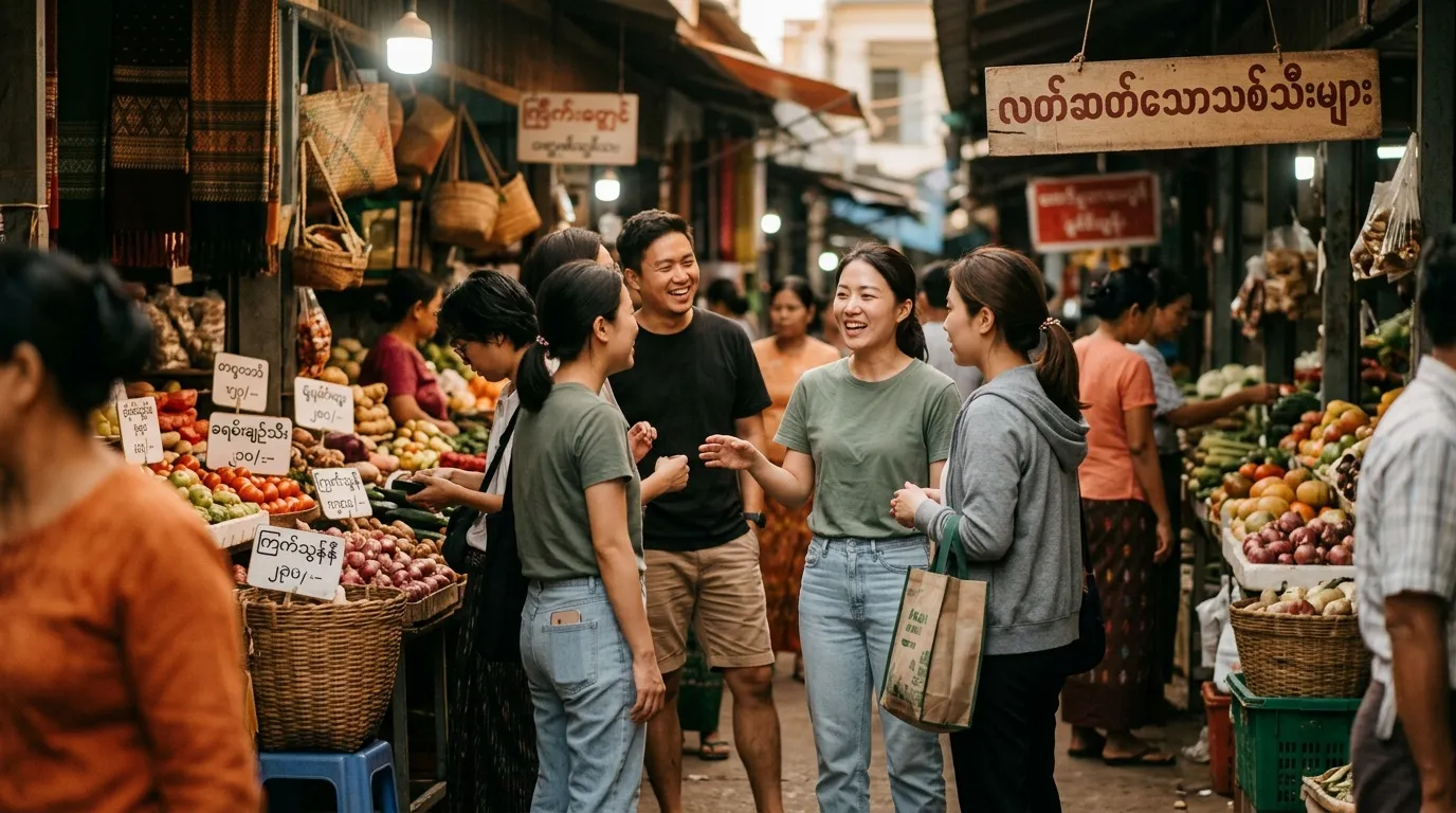 Groupe de jeunes amis flânant dans un marché de fruits coloré.