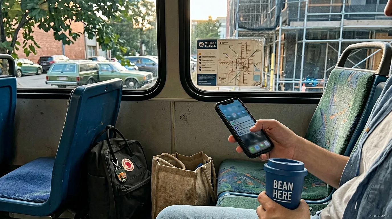 Passager dans un bus consultant son smartphone avec carte du métro visible