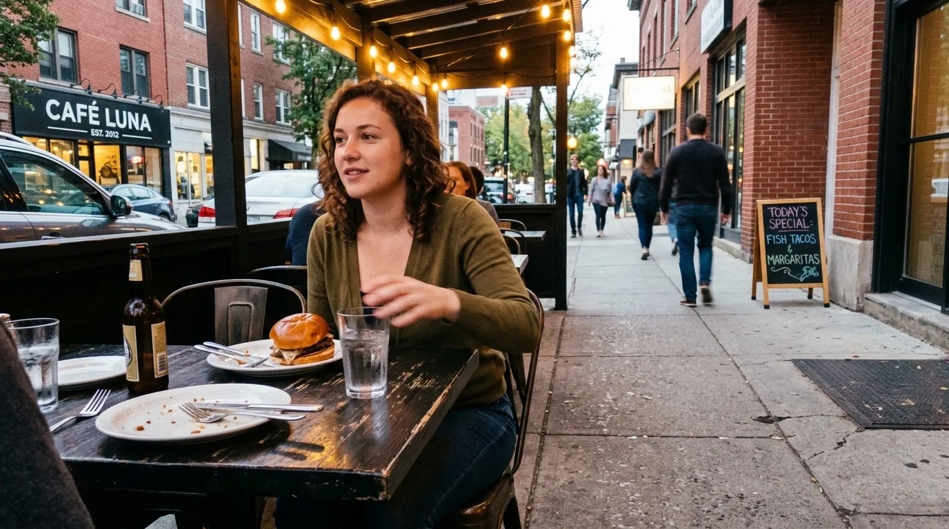 Femme mangeant un burger en terrasse de restaurant en ville