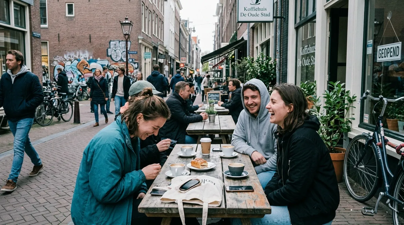 Trois personnes rient à une table de café en plein air