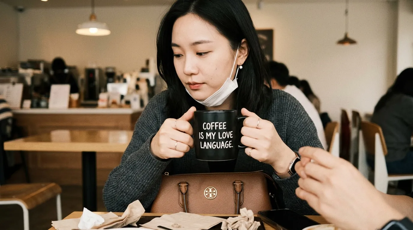 Femme tenant une tasse de café noire dans une cafétéria.