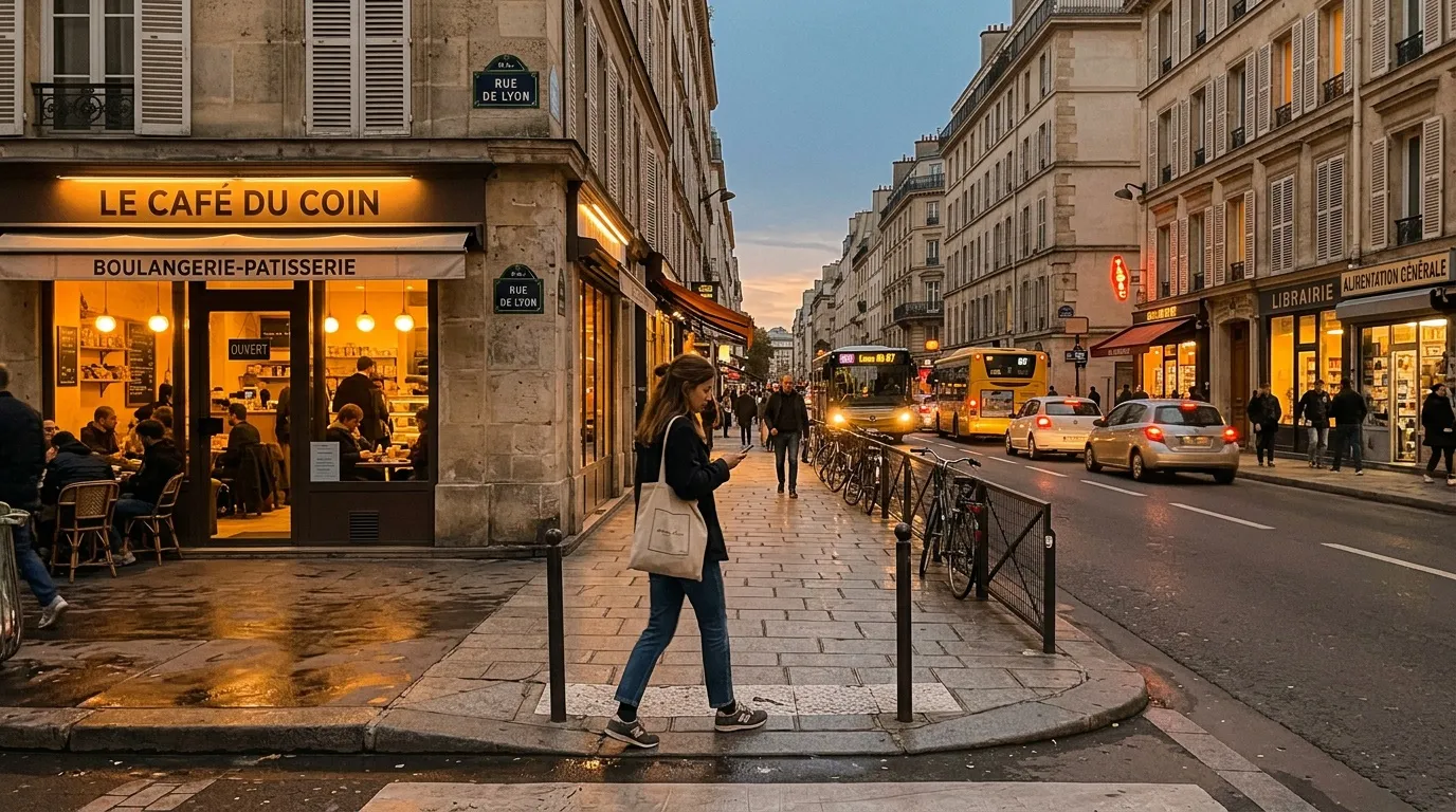 Café parisien illuminé sur la Rue de Lyon en soirée