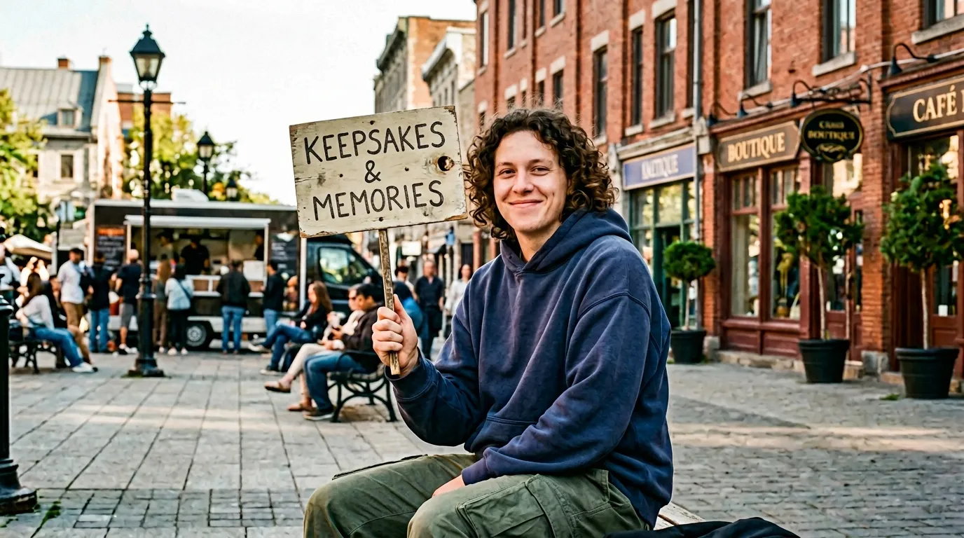 Jeune homme sourit tenant pancarte souvenirs rue pavée