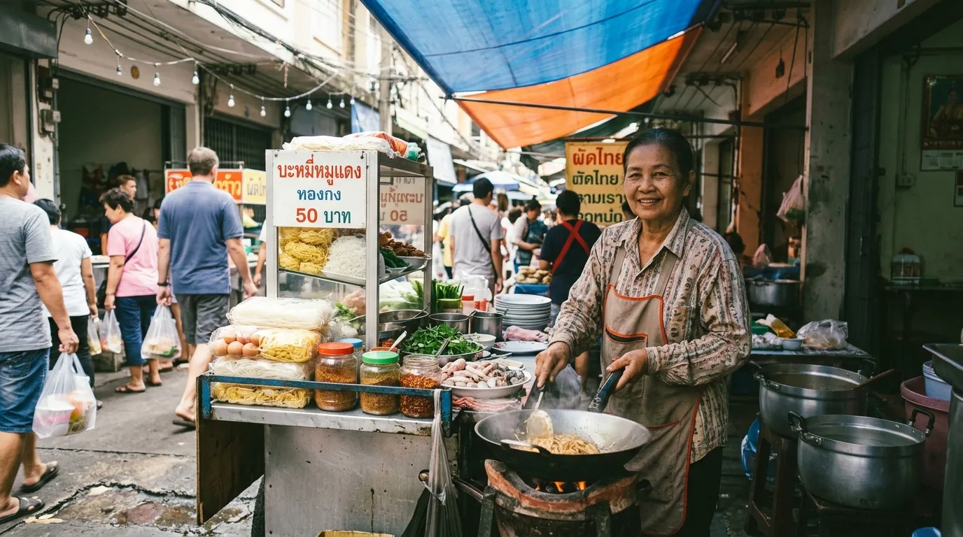 Vendeuse souriante dans un marché de rue thaïlandais traditionnel