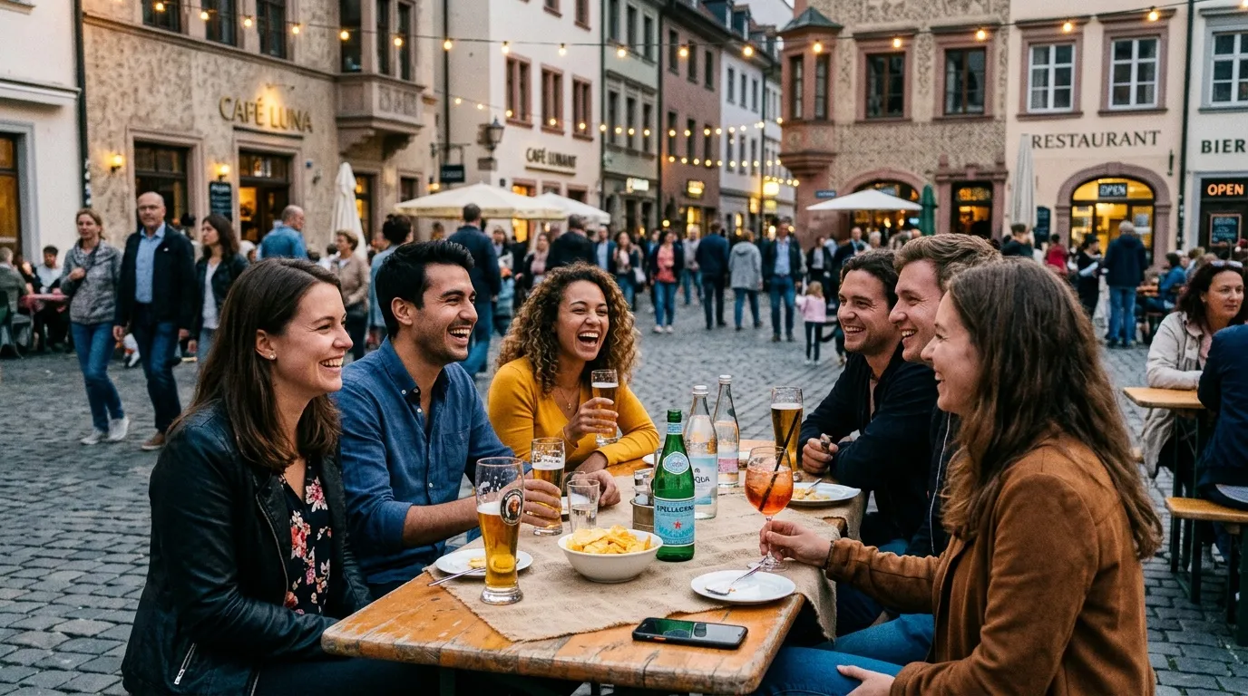 Groupe de jeunes riant autour d'une table en terrasse