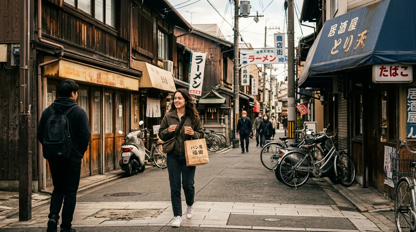 Femme marchant dans une ruelle historique japonaise avec boutiques