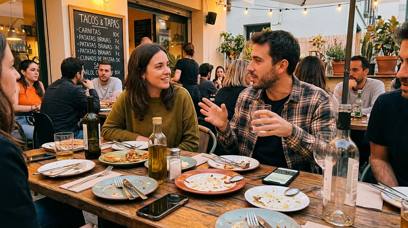 Groupe de personnes d&icirc;nant et discutant dans un restaurant espagnol
