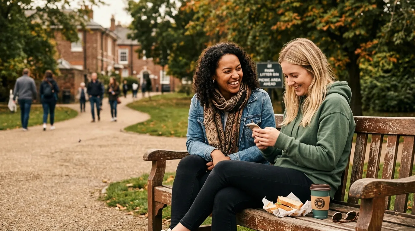Deux jeunes femmes souriantes assises sur un banc dans un parc universitaire