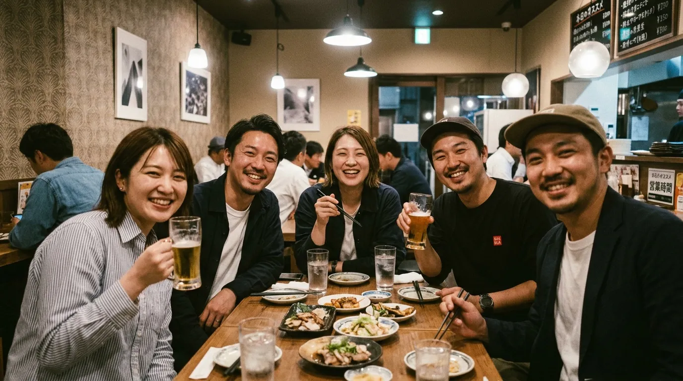Cinq personnes souriantes d&icirc;nent ensemble avec bi&egrave;re et plats asiatiques