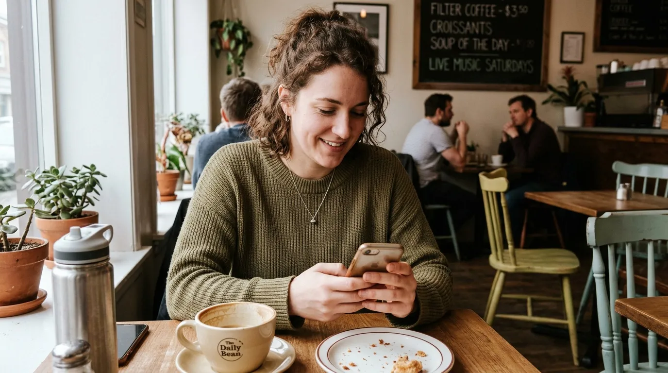 Femme souriante au caf&eacute; regardant son t&eacute;l&eacute;phone